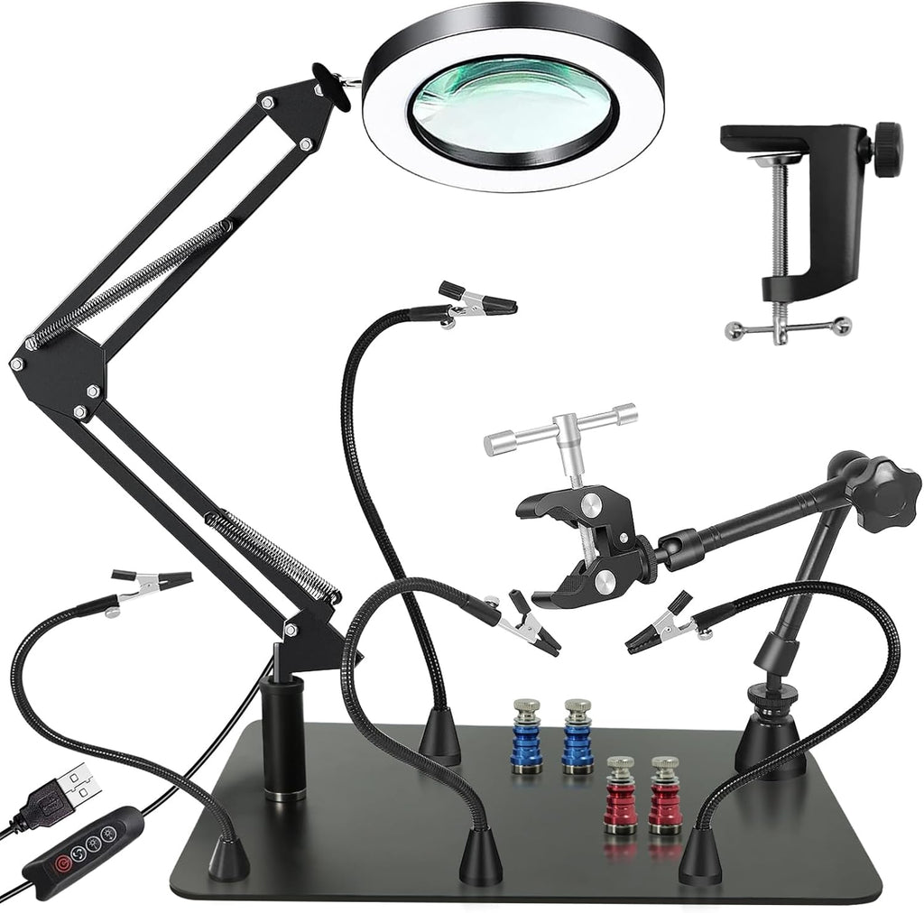Magnetic Helping Hands Soldering Station, 10X LED Magnifying Lamp, Magnifying Glass with Light and Stand, 360 Hot Air Gun Holder, 4 Magnetic Third Hand Soldering Tool &PCB Holder for Soldering Station