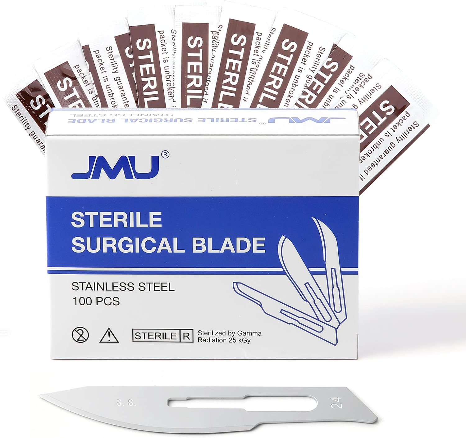 JMU 100pcs Scalpel Blades Sterile #25, Disposable Stainless Steel Surgical Blades, Individually Foil Wrapped