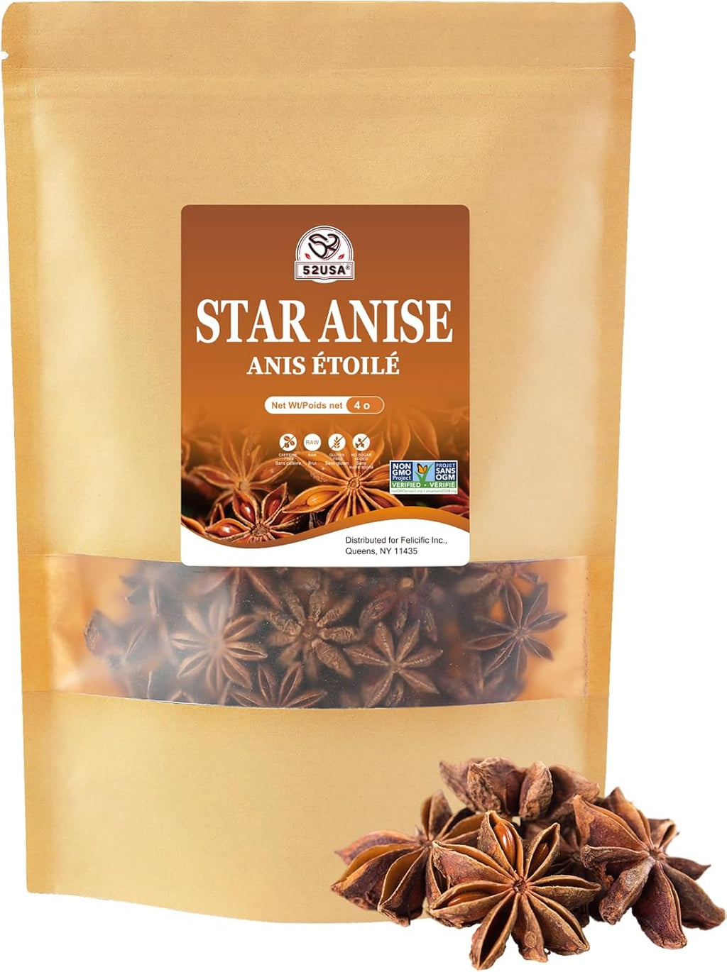 52USA Star Anise Whole, 4 Ounce (Pack of 1), NON-GMO Verified Chinese Star Anise Whole, Dried Star Anise Pods for Tea and baking