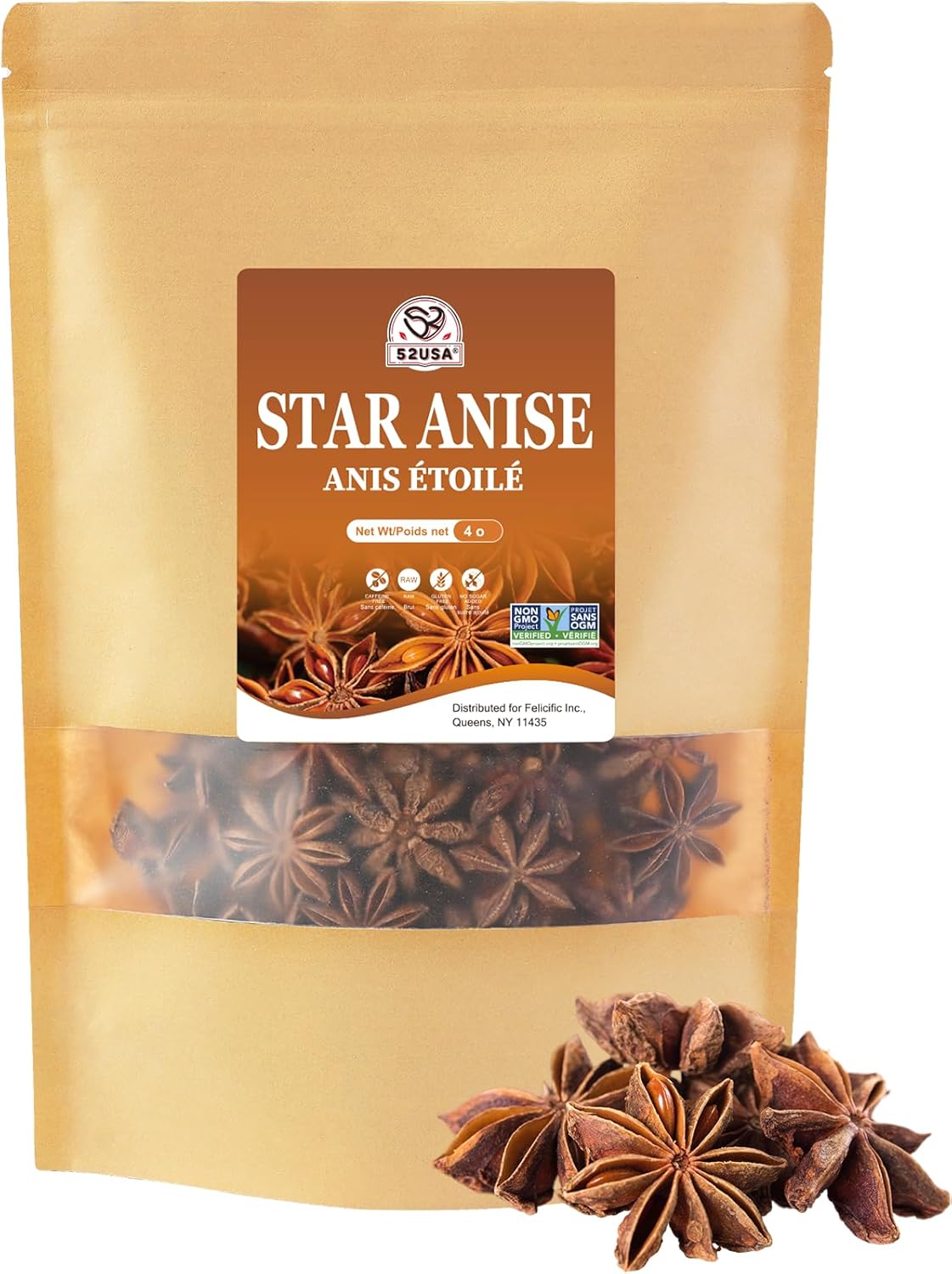 52USA Star Anise Whole, 4 Ounce (Pack of 1), NON-GMO Verified Chinese Star Anise Whole, Dried Star Anise Pods for Tea and baking