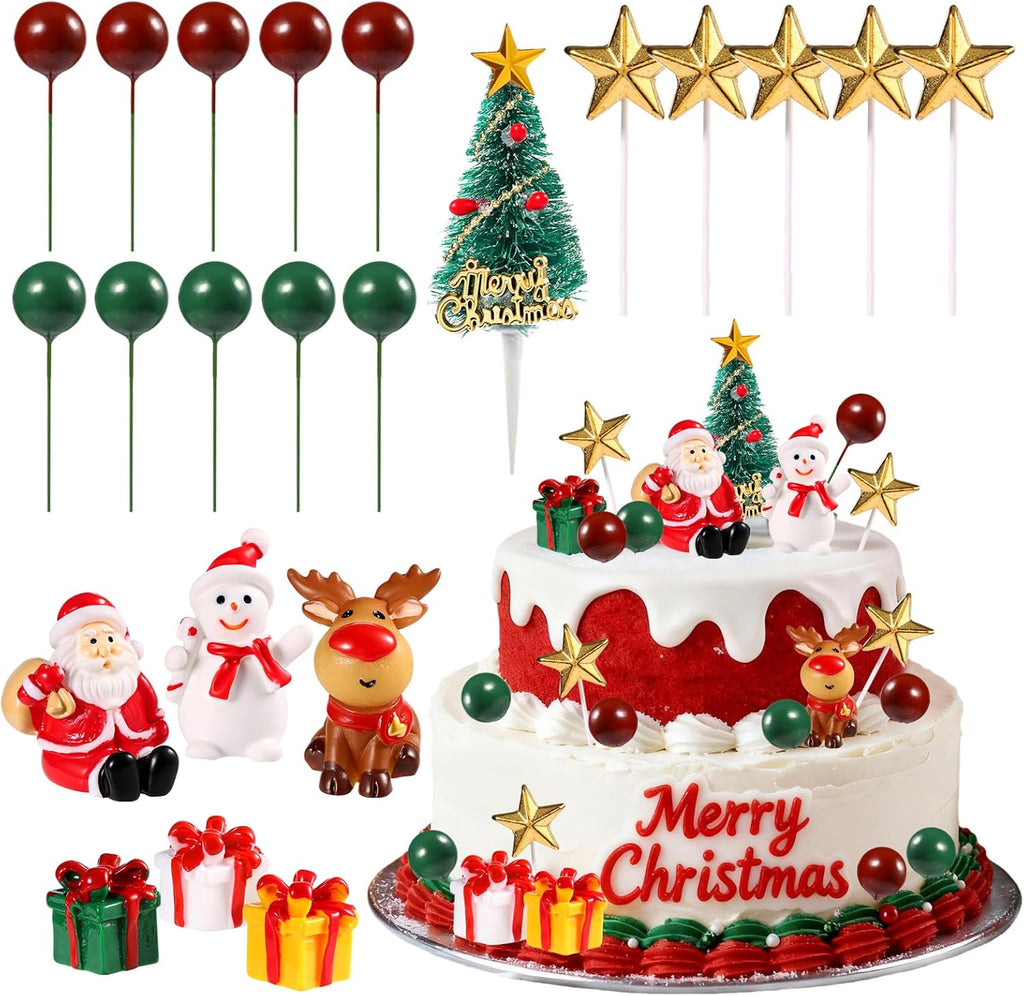 22 PCS Cake Topper Merry Christmas Cake Decorations Cupcake Toppers with Balls Snowman Christmas Tree and Present Box for Xmas Party