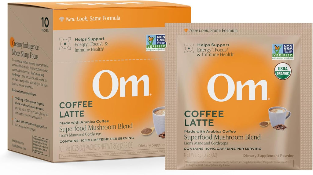 OM MUSHROOM SUPERFOOD Coffee Latte Blend – Functional Mushroom Powder with Lion’s Mane, Cordyceps, Reishi & Chaga – Energy, Focus & Mental Clarity Support – Single Serve Packets (10 Count)