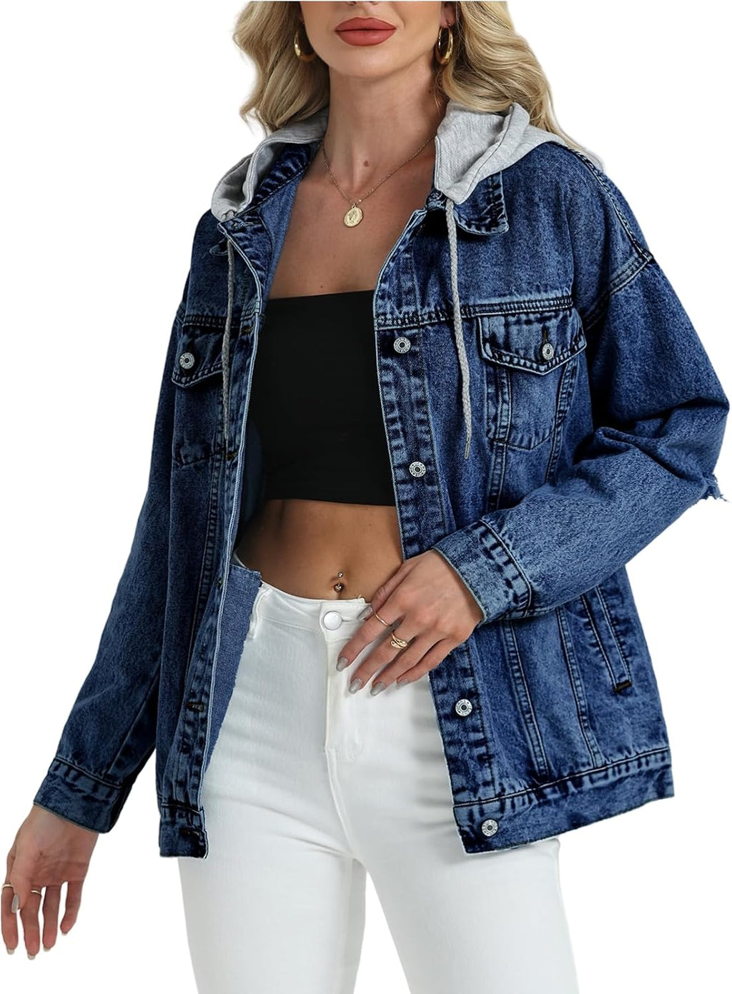 Women's Oversized Denim Jacket Long Distressed Ripped Trucker Jean Jackets Coat With Detachable Hood