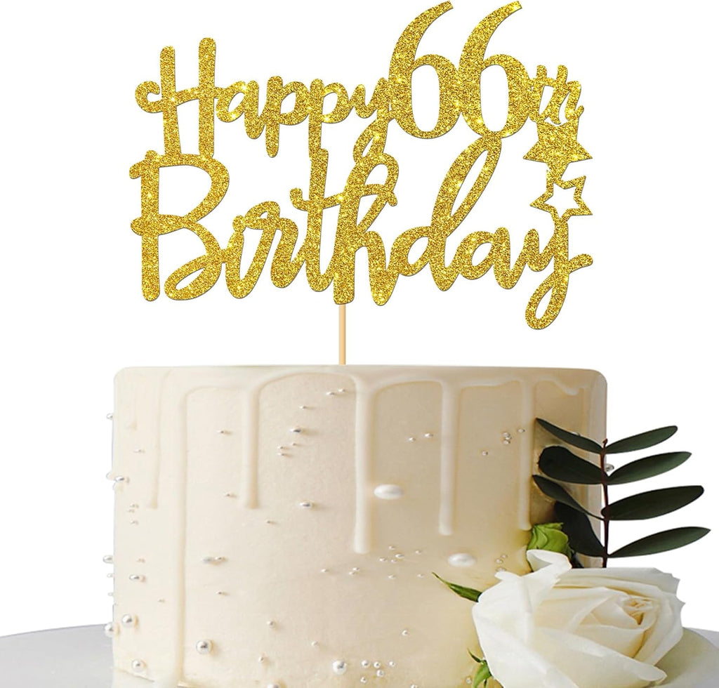 Gold Glitter Happy 66th Birthday Cake Topper - 66 Sign Cake Topper - Cheers to 66 Years Party Supplies - 66th Birthday Party Decorations