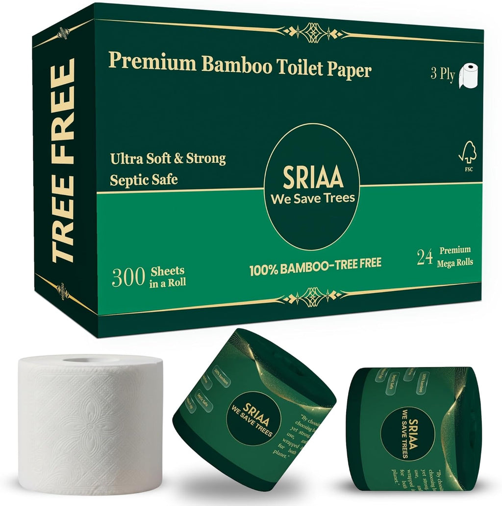 Tree-Free 100% Bamboo Premium Toilet Paper-24 Premium Mega Rolls, Ultra Soft & Strong 3-Ply 300 Sheets Per Roll-Eco-Friendly, Plastic-Free, Septic Safe Tissue, We Save Trees.