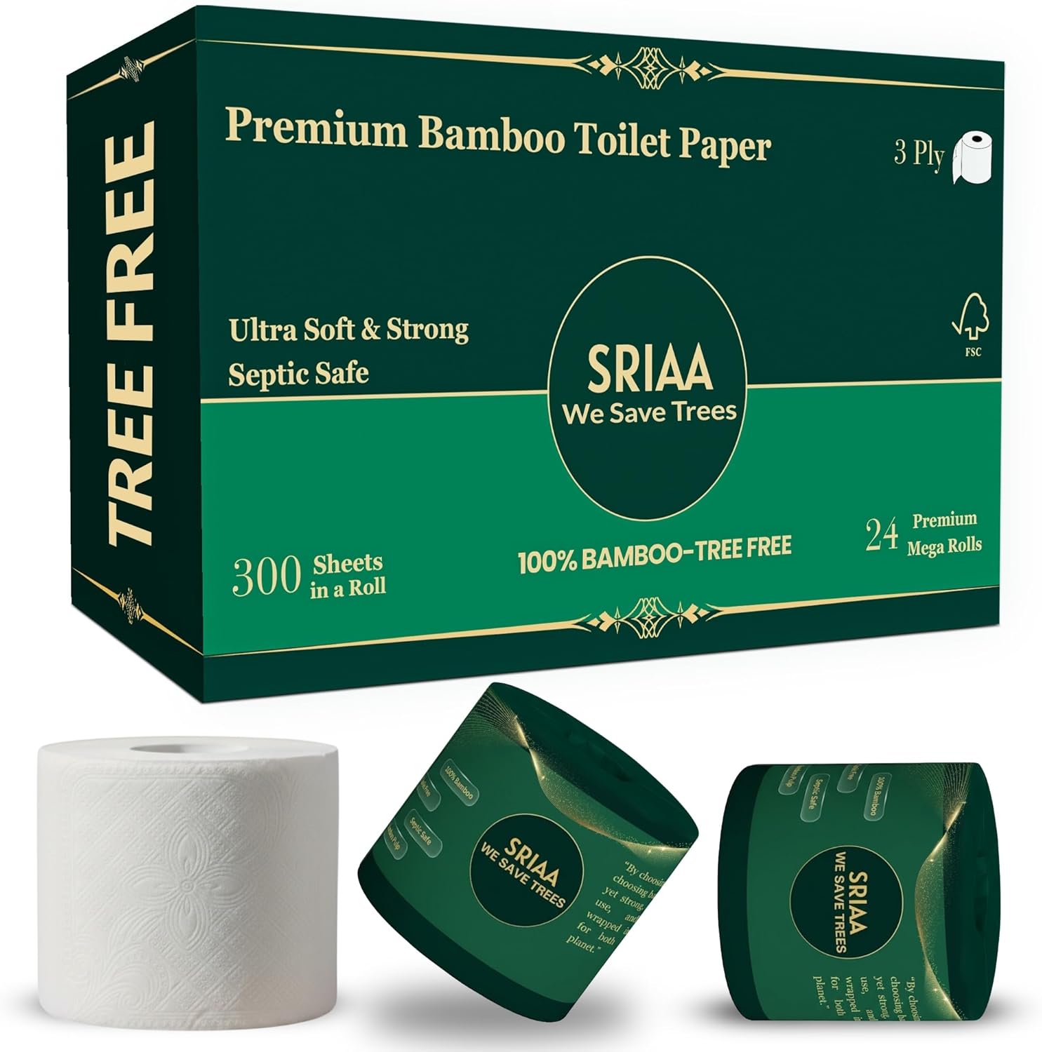 Tree-Free 100% Bamboo Premium Toilet Paper-24 Premium Mega Rolls, Ultra Soft & Strong 3-Ply 300 Sheets Per Roll-Eco-Friendly, Plastic-Free, Septic Safe Tissue, We Save Trees.