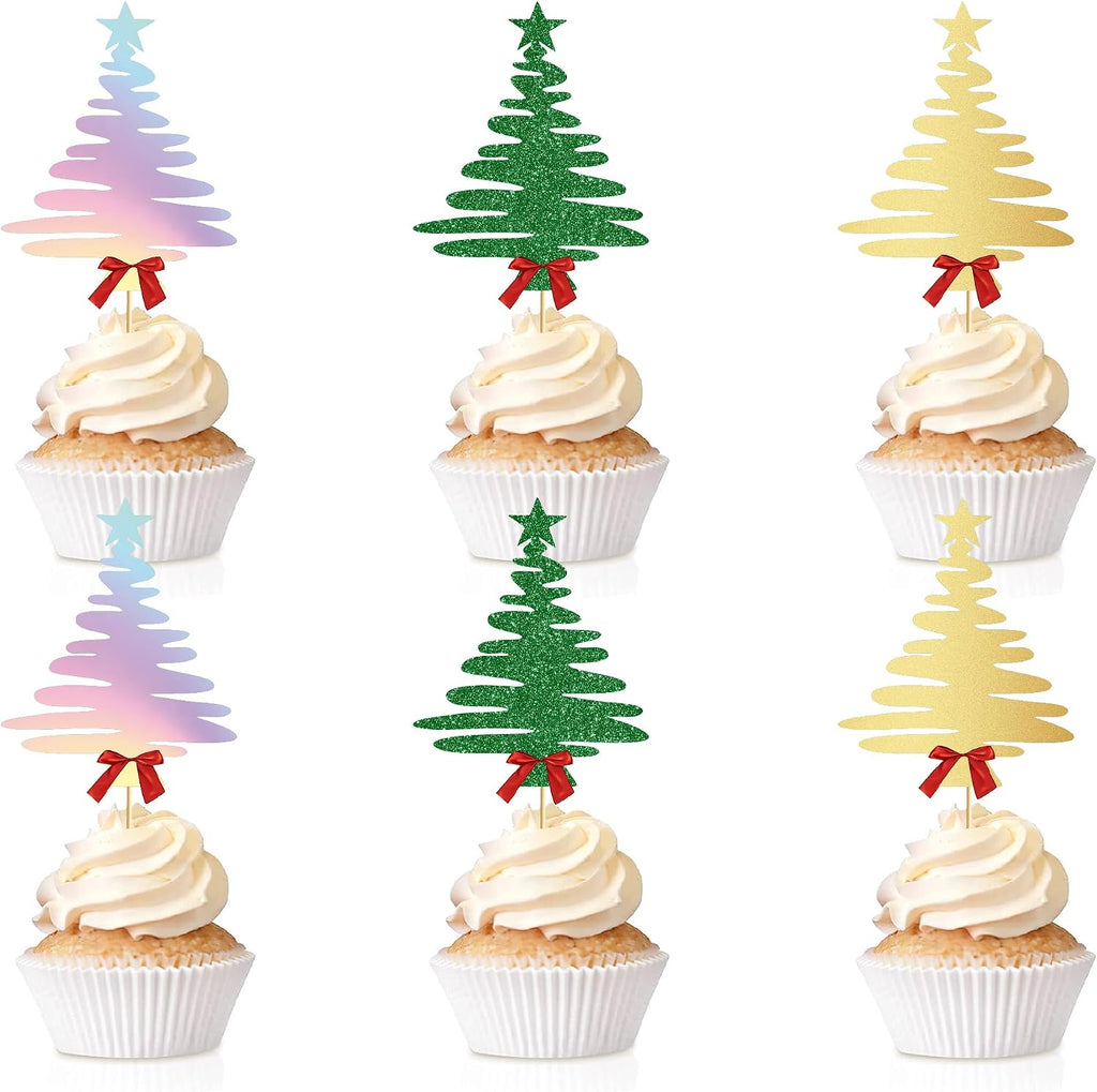 TSJ 18 PCS Christmas Tree Cupcake Toppers Xmas Glitter Cupcake Picks Cake Decorations Christmas Party Supplies