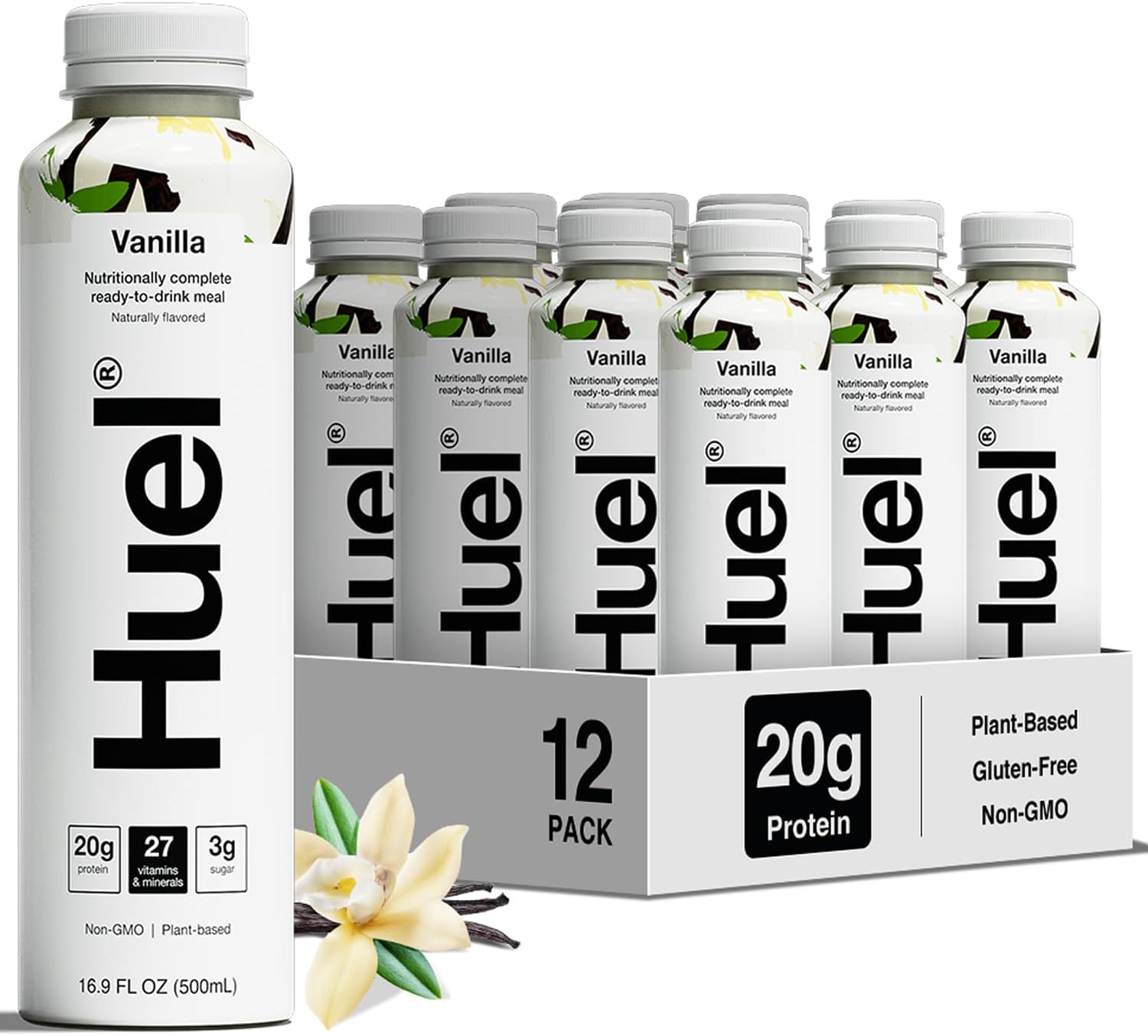 Huel Ready-to-Drink | Vanilla Meal Replacement Drink | High Protein Drink | Nutritionally Complete, Low Sugar, High Fiber, Plant Based, Vegan, Healthy | 20g Protein Per Bottle, 16.9 Fl Oz (12 Pack)