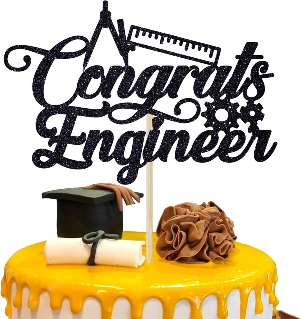 Congrats Engineer Cake Topper - Future Engineer/So Proud of You - Class of 2026 College Engineering Graduate Party Decoration Supplies, Black Glitter
