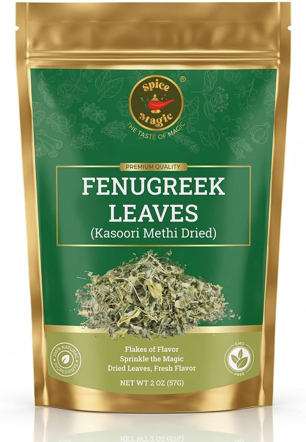 Spice Magic Fenugreek Leaves 2 oz (57g) | All-Natural Dried Methi | Aromatic Herb for Curries, Vegetables, Soups & Blends.