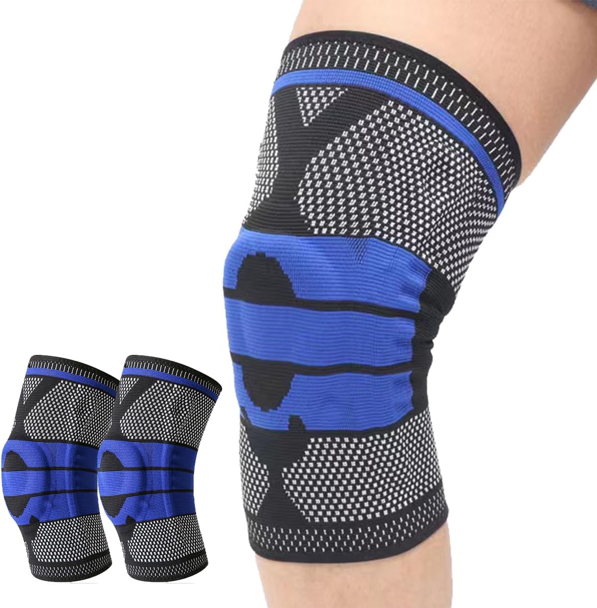 2 Pack Knee Sleeves for Men Women, Compression Knee Brace Knee Sleeve with Side Stabilizers & Patella Gel Pad, Knee Bands for Pain Relief Knee Braces for Knee Pain Knee Brace for Arthritis Pain and Support (Black, Medium)