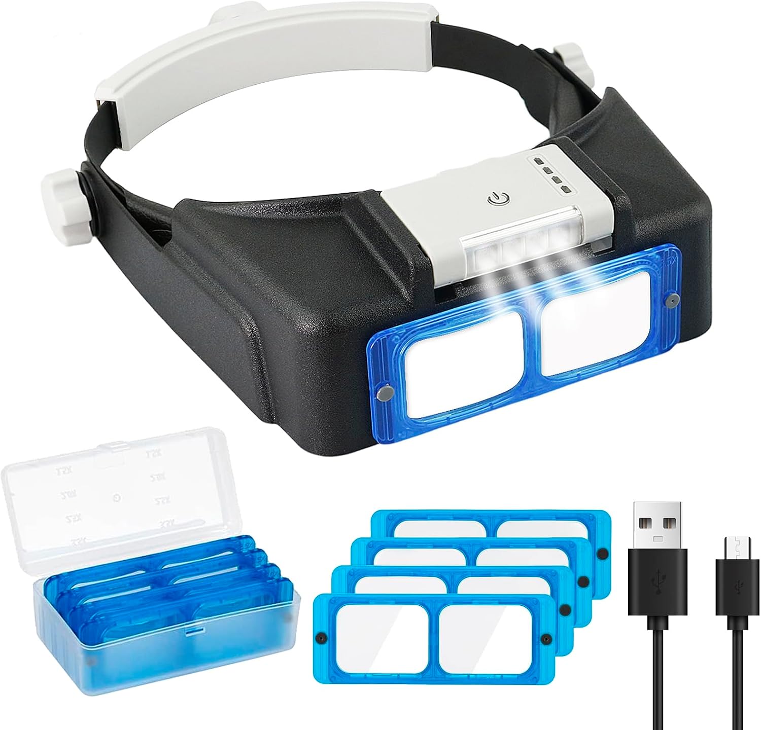 Rechargeable Head-Mounted Magnifier with LED Light, Headband Double Lens Illuminated Reading Magnifier Loupe Jewelry Visor Opitcal Glass Binocular Magnifier with Lens -1.5X 2X 2.5X 3.5X