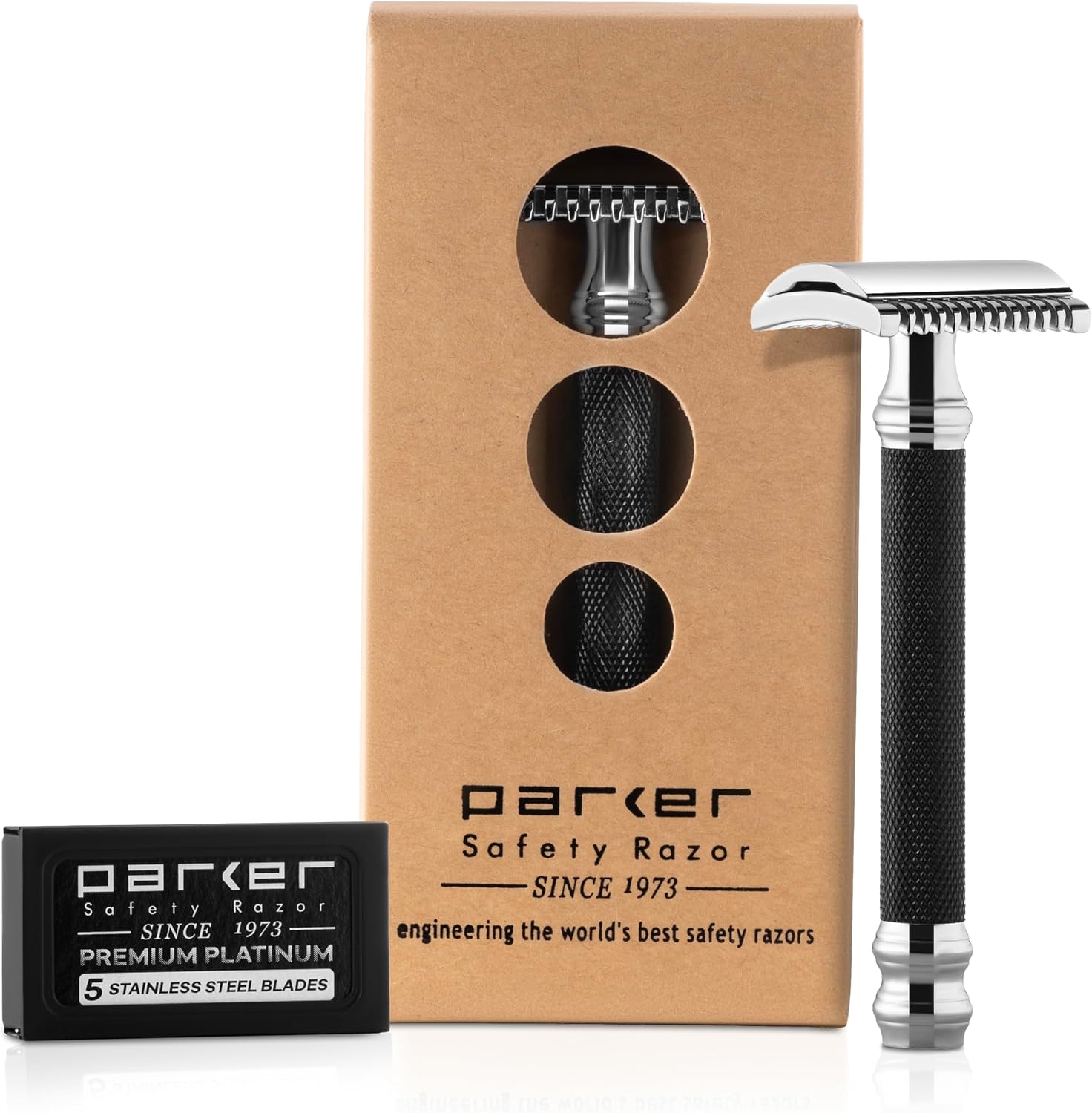 Parker Open Comb Double Edge Safety Razor – Heavyweight Chrome Handle for Closer Shaves – Includes 5 Razor Blades – Ideal for Men with Thick or Coarse Beards (26C - Graphite Gray)
