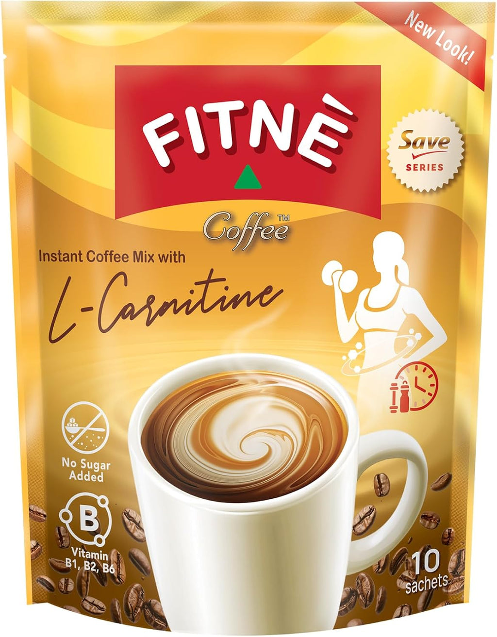 FITNE Instant 3 in 1 Coffee Packets Mix with L-Carnitine for Workout Exercise Vitamin B1 B2 B6 Smooth Blend No Sugar Sucralose Sweetener, 10 Sachets