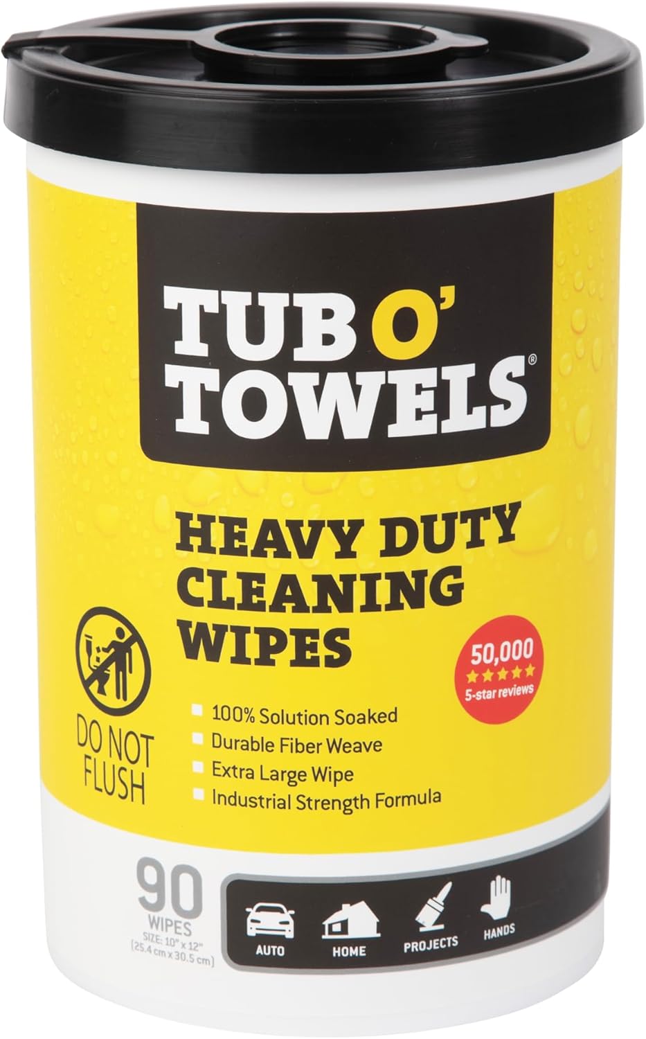 Tub O' Towels TW90 Heavy-Duty 10" x 12" Size Multi-Surface Cleaning Wipes, (10" x 12" wipes) Per Canister, Pack of 1, 90 Count Total