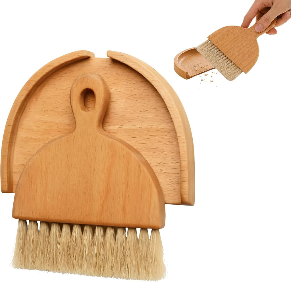 Desktop Table Dustpan and Brush Set for Home - Portable Cleaning Combo with Real Wood - Compact Brush for Sweeping