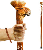 Carved Walking Stick with Animal Head - Lightweight and Strong Wooden Treckking Pole & Cane for Men Women & Seniors - A Hiking Gear Sculpted in Wood
