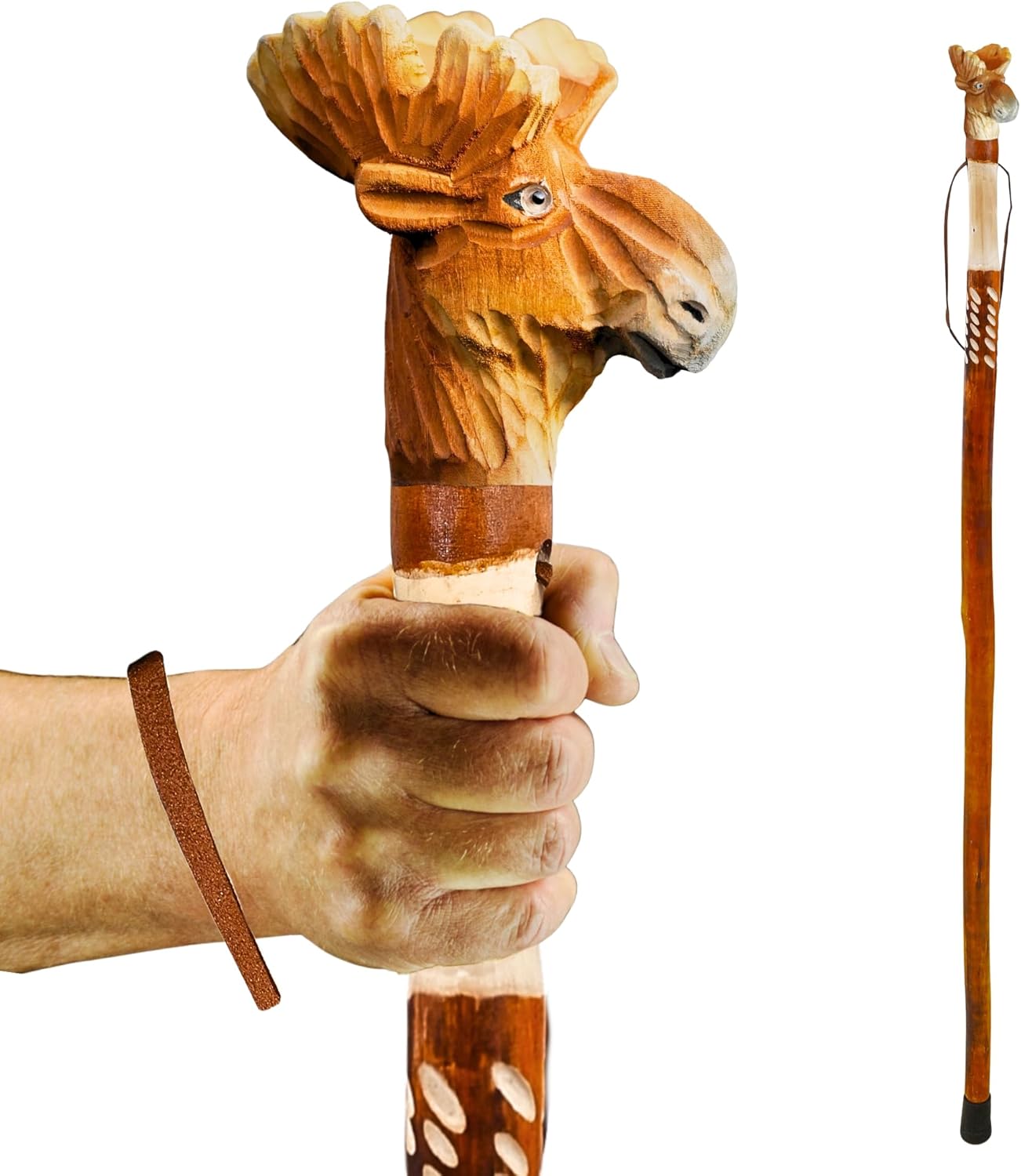Carved Walking Stick with Animal Head - Lightweight and Strong Wooden Treckking Pole & Cane for Men Women & Seniors - A Hiking Gear Sculpted in Wood