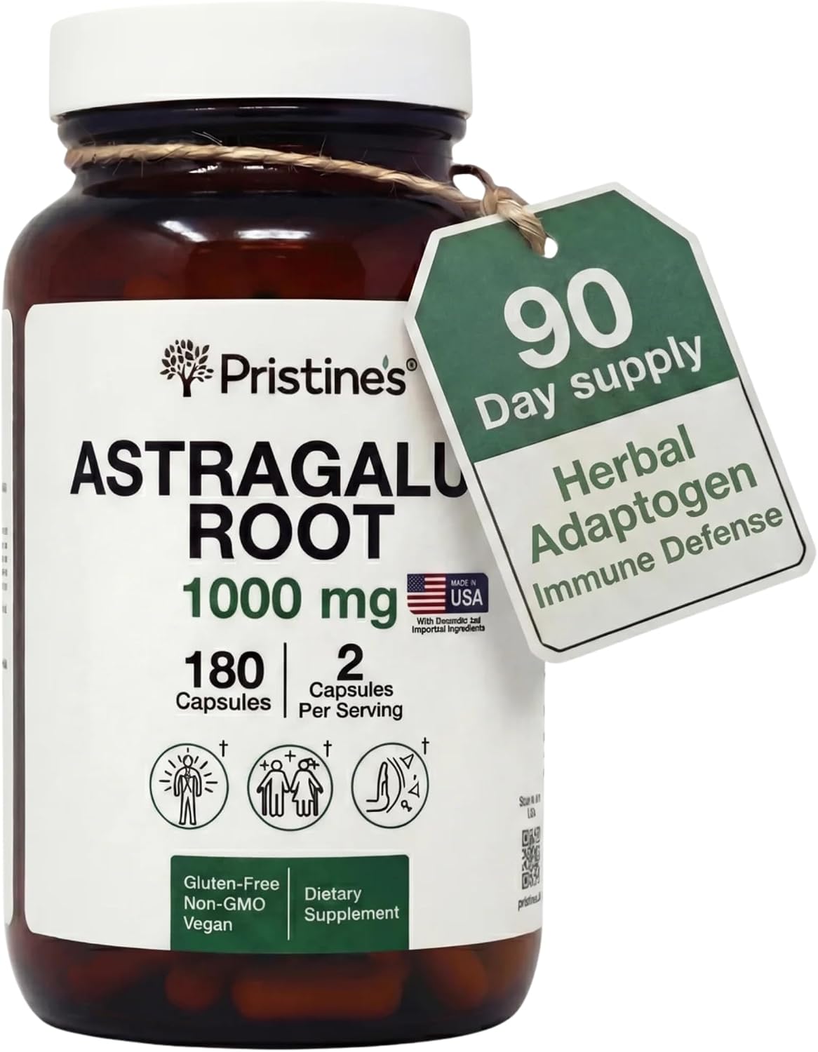 PRISTINE'S Astragalus Root Supplement Capsules - 1000mg 90 Day Supply- Immune Support Supplement Capsules - Herbal Adaptogen - Healthy Aging, Heart & Lung Health