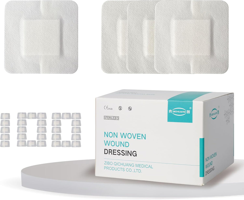 2.3X2.7 Inches Sterile Adhesive Island Wound Dressing Bandages - Non Woven Cover with Bordered Gauze Pads,100 Individually Pack, High Absorbent, Medical Grade by QICHUANG(2.3X2.7INCHES-C100)