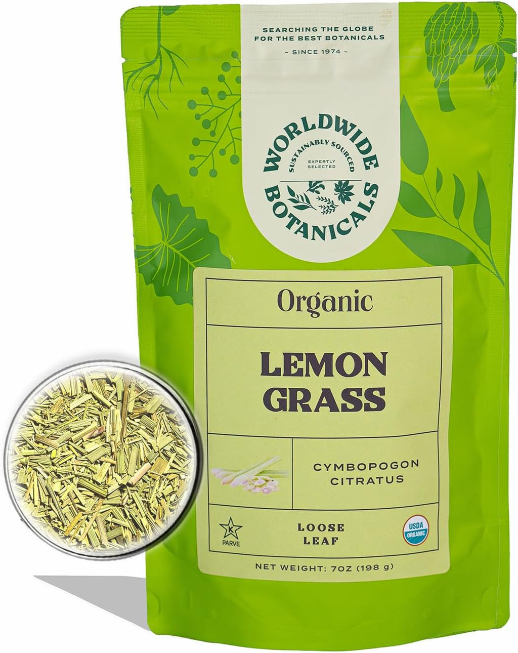 Worldwide Botanicals Organic Lemon Grass Leaves – 7oz - Loose Leaf - Cut and Sifted – 100% pure Cymbopogon citratus - Zacate de limon - Resealable Bag for Freshness - Perfect for Cooking and Tea