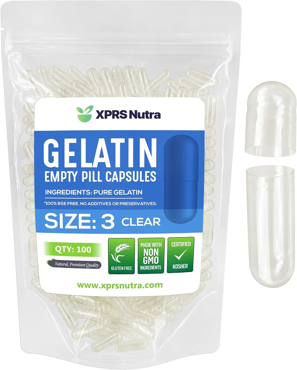 XPRS Nutra Size 3 Empty Capsules - 100 Count Clear Empty Gelatin Capsules - Pills DIY Capsule Filling - Pure Bovine Pill Gel Caps Fillable Do-It-Yourself Vitamins and Supplements