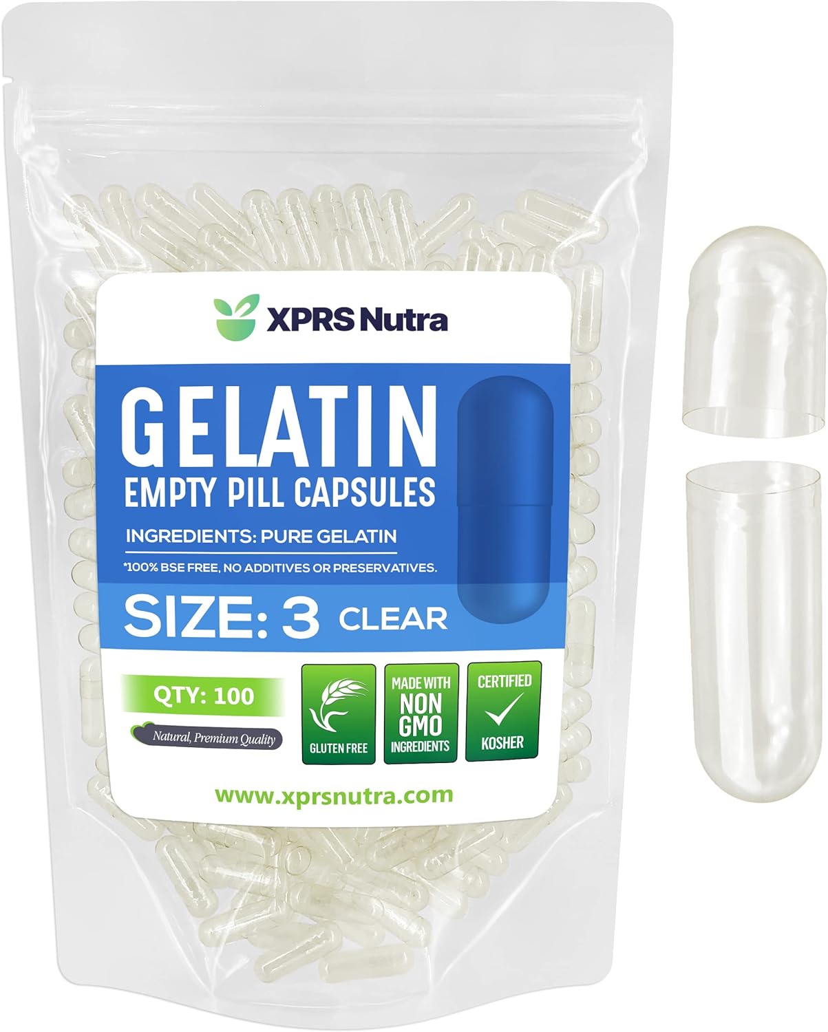 XPRS Nutra Size 3 Empty Capsules - 100 Count Clear Empty Gelatin Capsules - Pills DIY Capsule Filling - Pure Bovine Pill Gel Caps Fillable Do-It-Yourself Vitamins and Supplements
