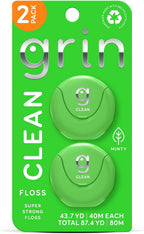 GRIN Clean Dental Floss – 2 Pack (87.4 Yards Total) | Super Strong Floss | Minty | Shred-Resistant | Compact Dispenser Made with Recycled Plastic