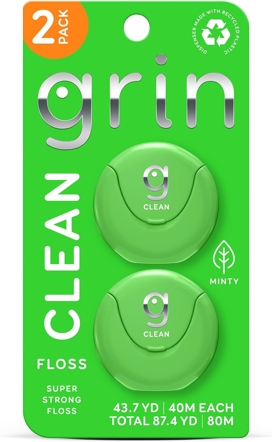 GRIN Clean Dental Floss – 2 Pack (87.4 Yards Total) | Super Strong Floss | Minty | Shred-Resistant | Compact Dispenser Made with Recycled Plastic