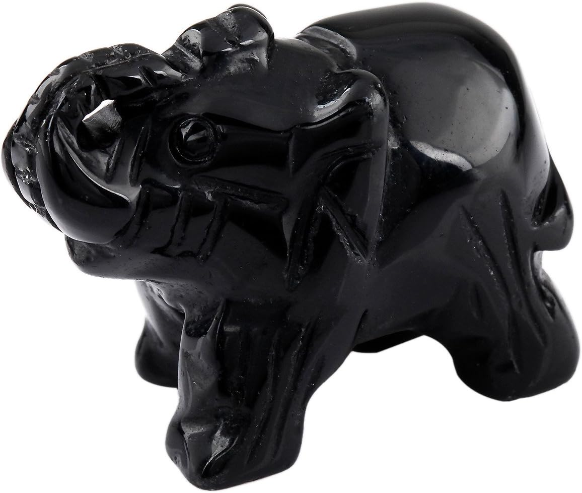 mookaitedecor Black Obsidian Crystal Elephant Sculpture Statue Crafts Healing Reiki Pocket Gemstone Figurines 1.5 Inch