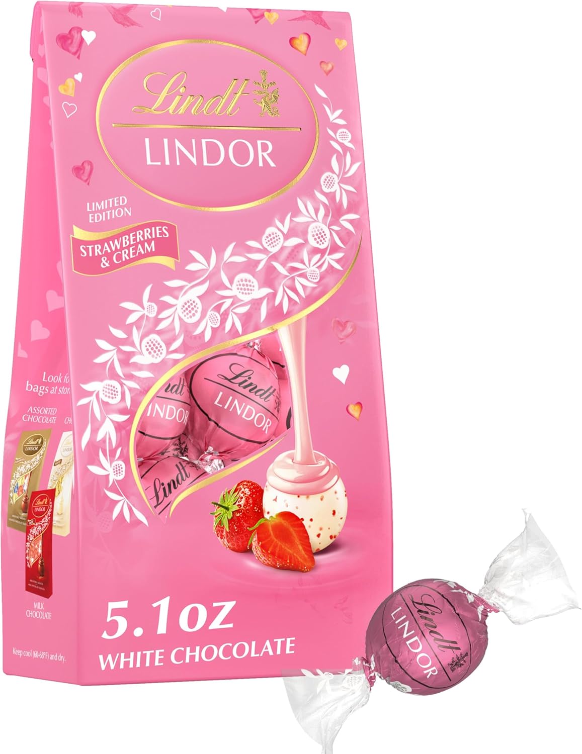 Lindt LINDOR Valentine's Strawberries and Cream White Chocolate Candy Truffles, 5.1 oz. Bag