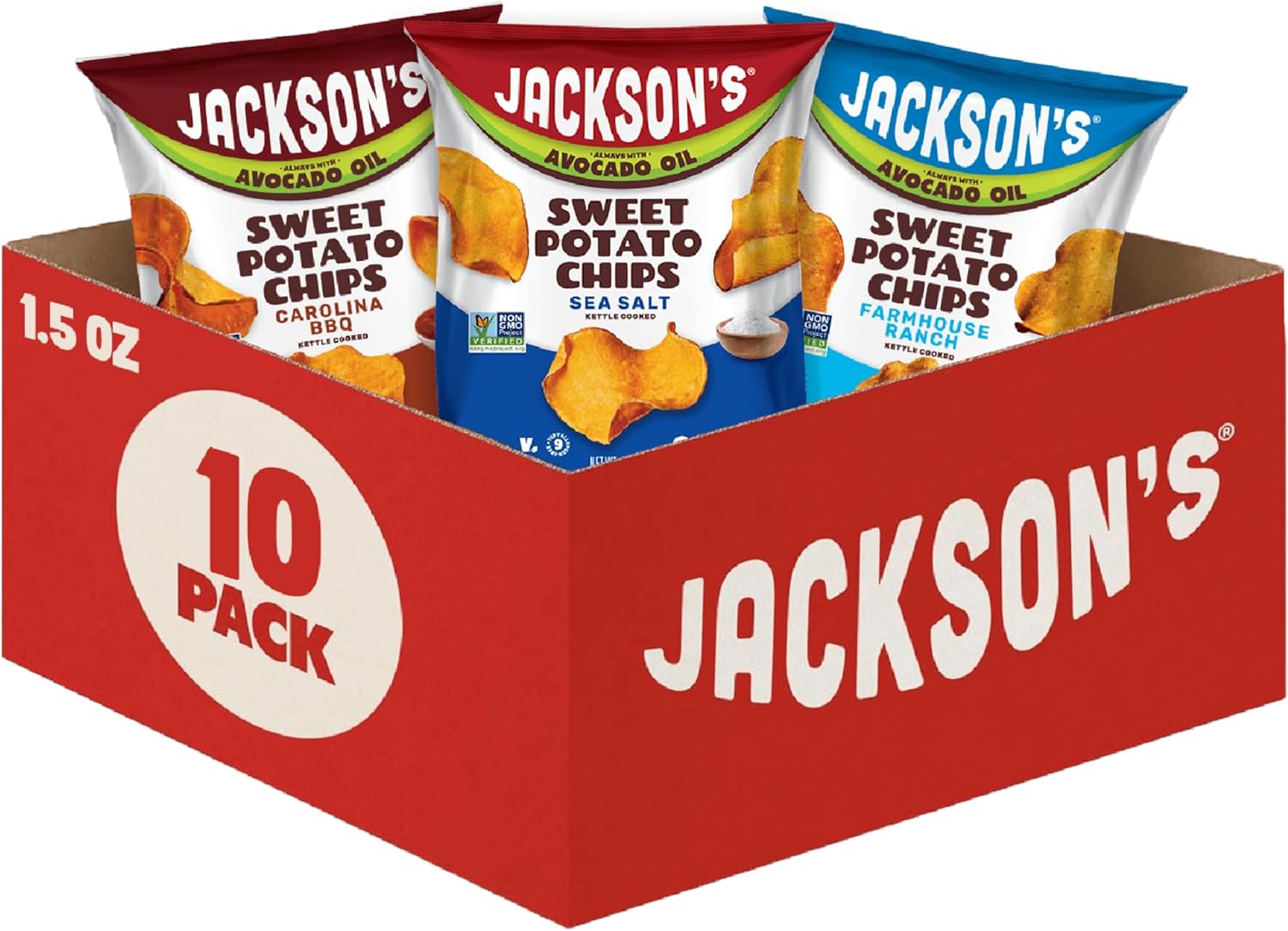 Jackson’s Sweet Potato Kettle Chips Avocado Oil Variety Pack made with Premium Oils (1.5 oz, Pack of 10) Sea Salt, Ranch and BBQ Flavors - Allergen-friendly, Gluten Free, Vegan