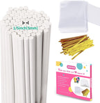 Cake Pop Thick Sticks and Wrappers Kit, Including 100ct 6-inch 5mm Diameter Paper Lollipop Sticks, 100ct Clear Candy Bags Parcel, 100ct Gold Twist Ties for Cakepop, Lollipop, Hard Candy