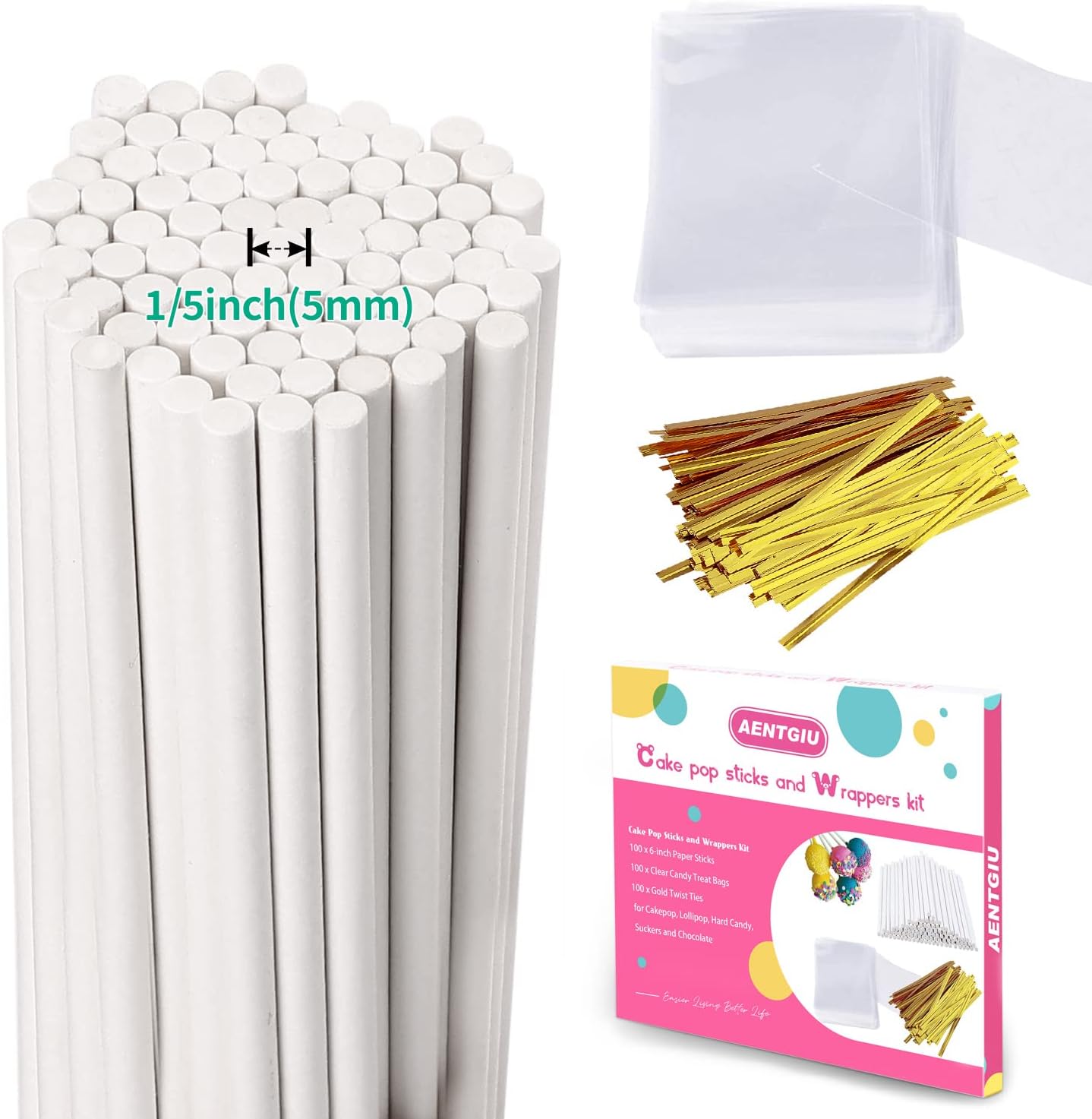 Cake Pop Thick Sticks and Wrappers Kit, Including 100ct 6-inch 5mm Diameter Paper Lollipop Sticks, 100ct Clear Candy Bags Parcel, 100ct Gold Twist Ties for Cakepop, Lollipop, Hard Candy