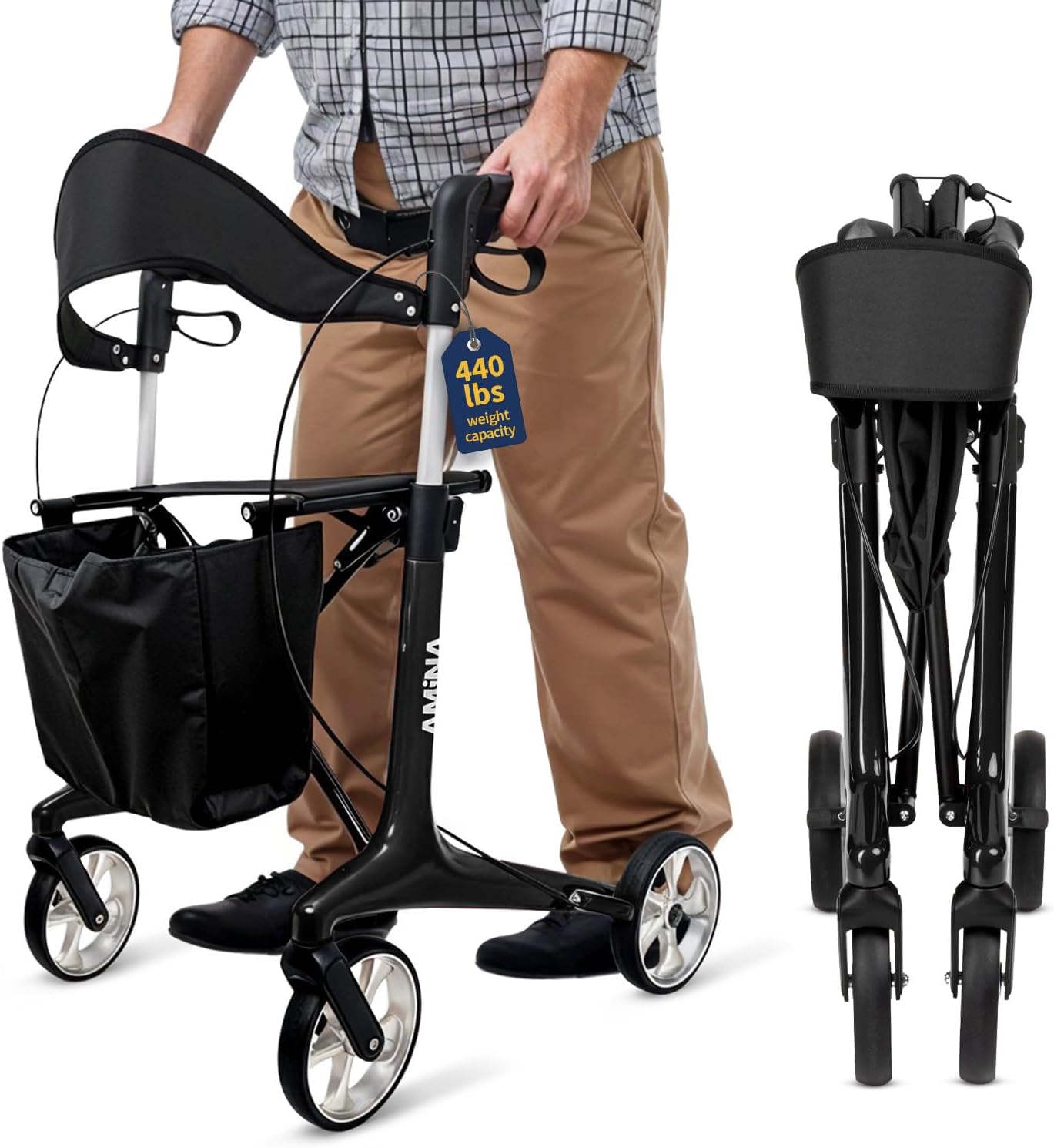 AMiNA Carbon Fiber Rollator Walker with Seat, Black - Ultra Lightweight Foldable Walker with Wheels, Hand Brakes and Removable Basket, 440 lb Capacity, Compact Mobility Aid for Seniors and Adults