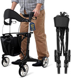 AMiNA Carbon Fiber Rollator Walker with Seat 440 lbs Capacity Black – Foldable Ultra‑Lightweight Rollator Walkers for Seniors with Seat, Hand Brakes and Removable Basket for Compact Routine Mobility