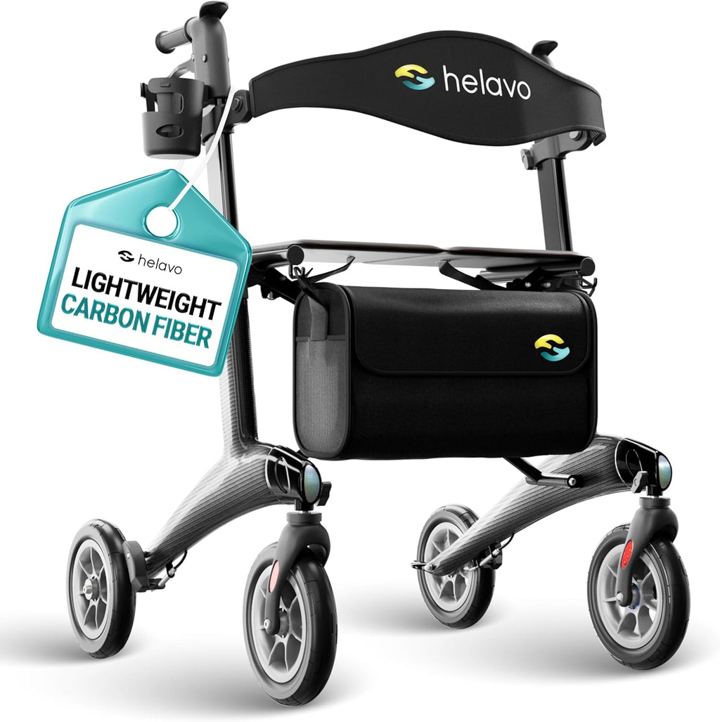 Helavo Carbon Ultralight Rollator Walker, 4 Wheel Walker with Seat and Brakes, 300 lbs Capacity, Lightweight (12.3 lbs), 8" Wheels, Height Adjustable Folding Rollator, Black