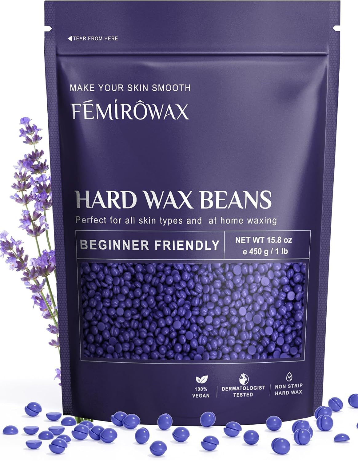 Wax Beads, 1lb Hard Wax Beans for Hair Removal Sensitive Skin with Lavender Formula Waxing Beads for Full Body Brazilian Bikini Face Eyebrow at Home Wax Refill for Women Men