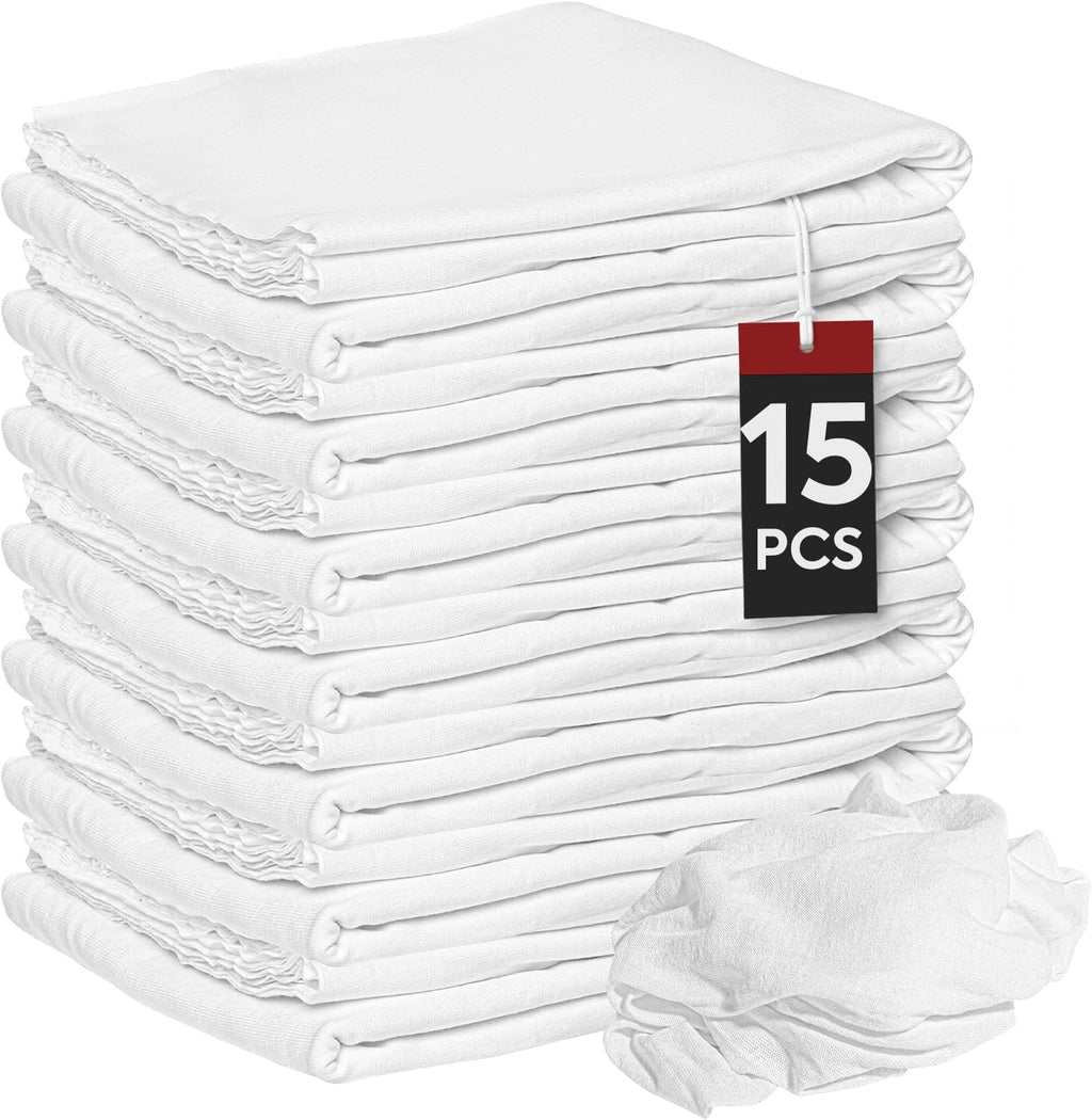 Nabob Wipers New Lint Free Cloth (15 Pack) - 100% Cotton Cleaning Rags Exact Cut - Premium White Rags for Cleaning House - White Rags for Dusting, Staining, Polishing, Painting 18"x18"