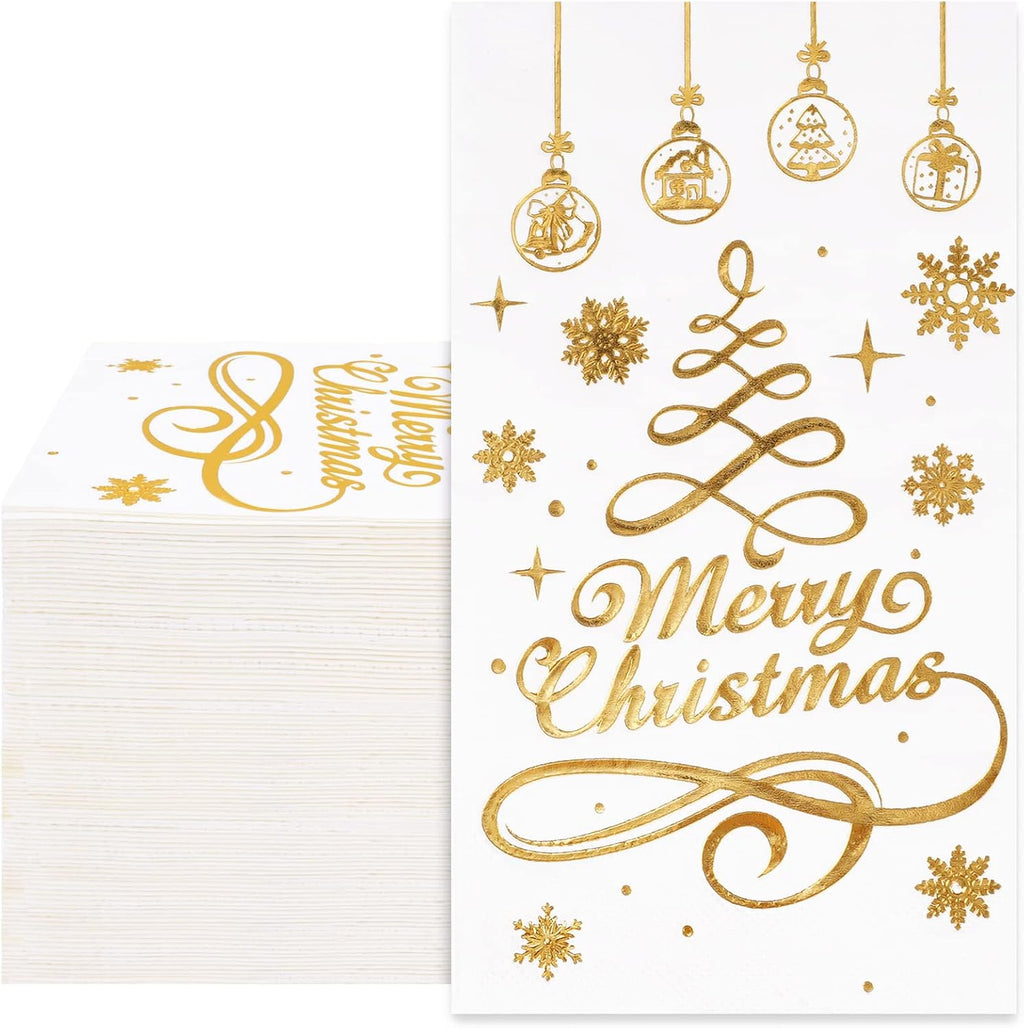 Whaline 80Pcs Christmas Guest Napkins Gold Foil 3 Ply Disposable Paper Pack Xmas Tree Snowflake Pattern Dinner Hand Towel Napkin for Xmas Party Winter Holiday Wedding Birthday Table Decorations