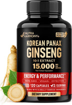 Panax Ginseng 15,000 mg - Red Korean Ginseng Supplement for Men - Extra Strength 10:1 Extract - Energy, Focus, Productivity & Performance - Natural & Vegan - Made in USA - 120 Capsules, 2 Month Supply