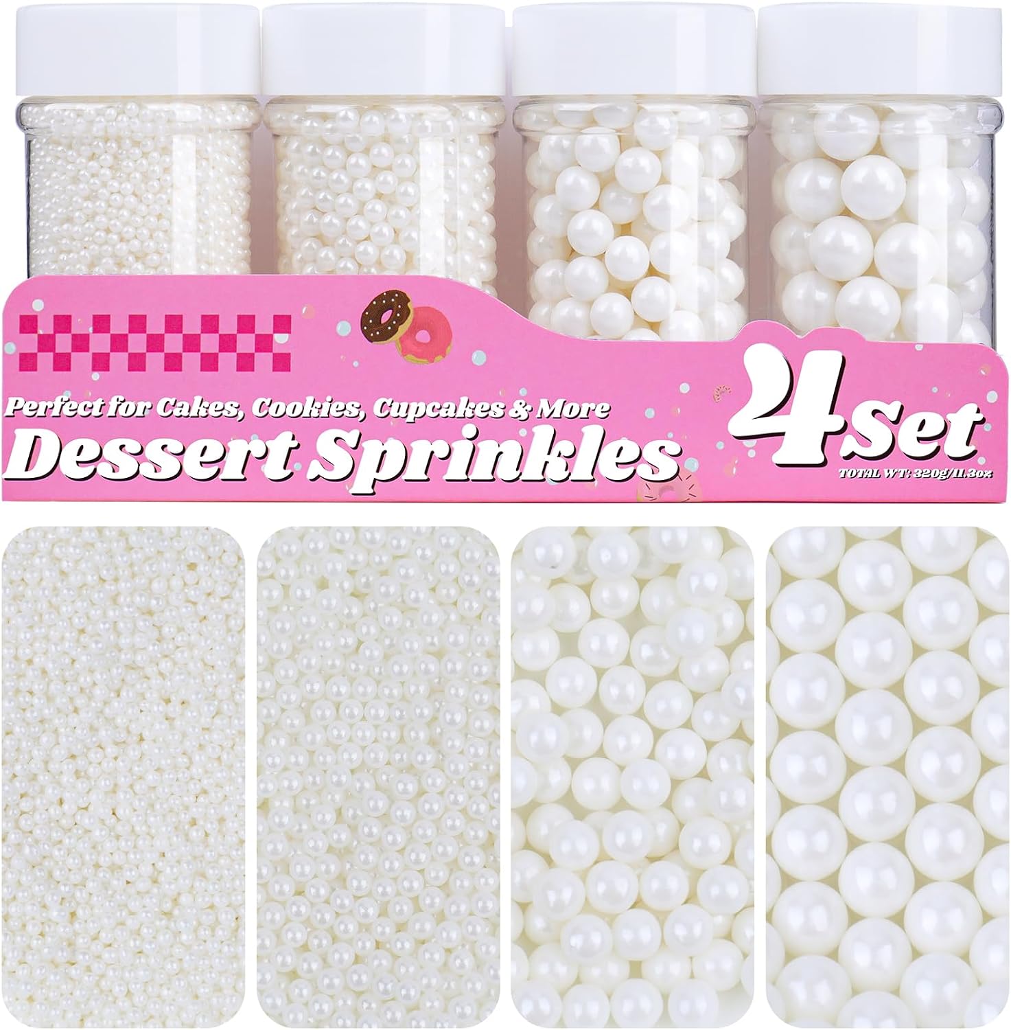 White Pearl Sprinkles for Cake Decorating, 11.3 Oz Edible Pearls Sugar Large Capacity 4 Jars Set for Baking Cookie Ice Cream Cupcake Topping
