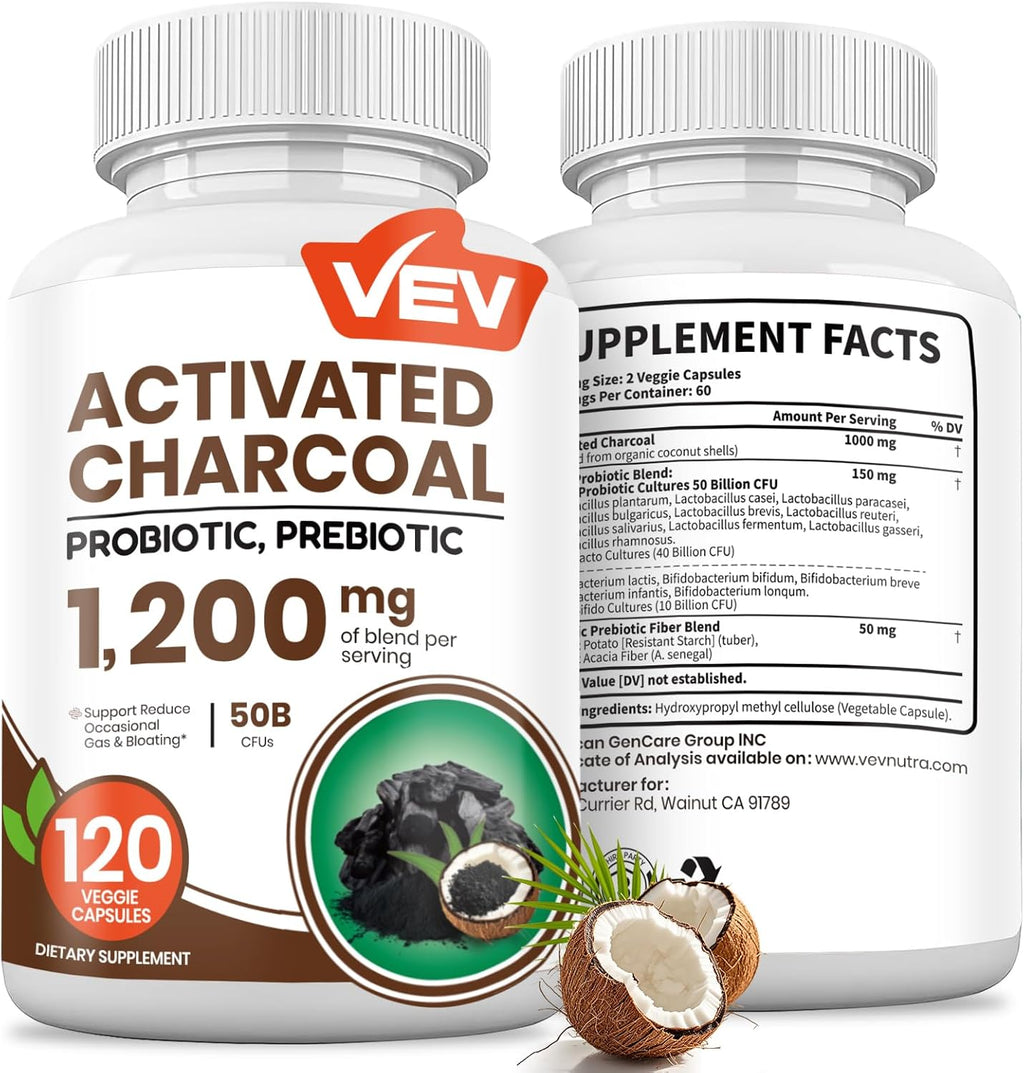 VEV Activated Charcoal with Organic Coconut Shell Charcoal & 50 Billion Probiotics – 120 Vegan Capsules for Digestive Wellness & Dietary Support