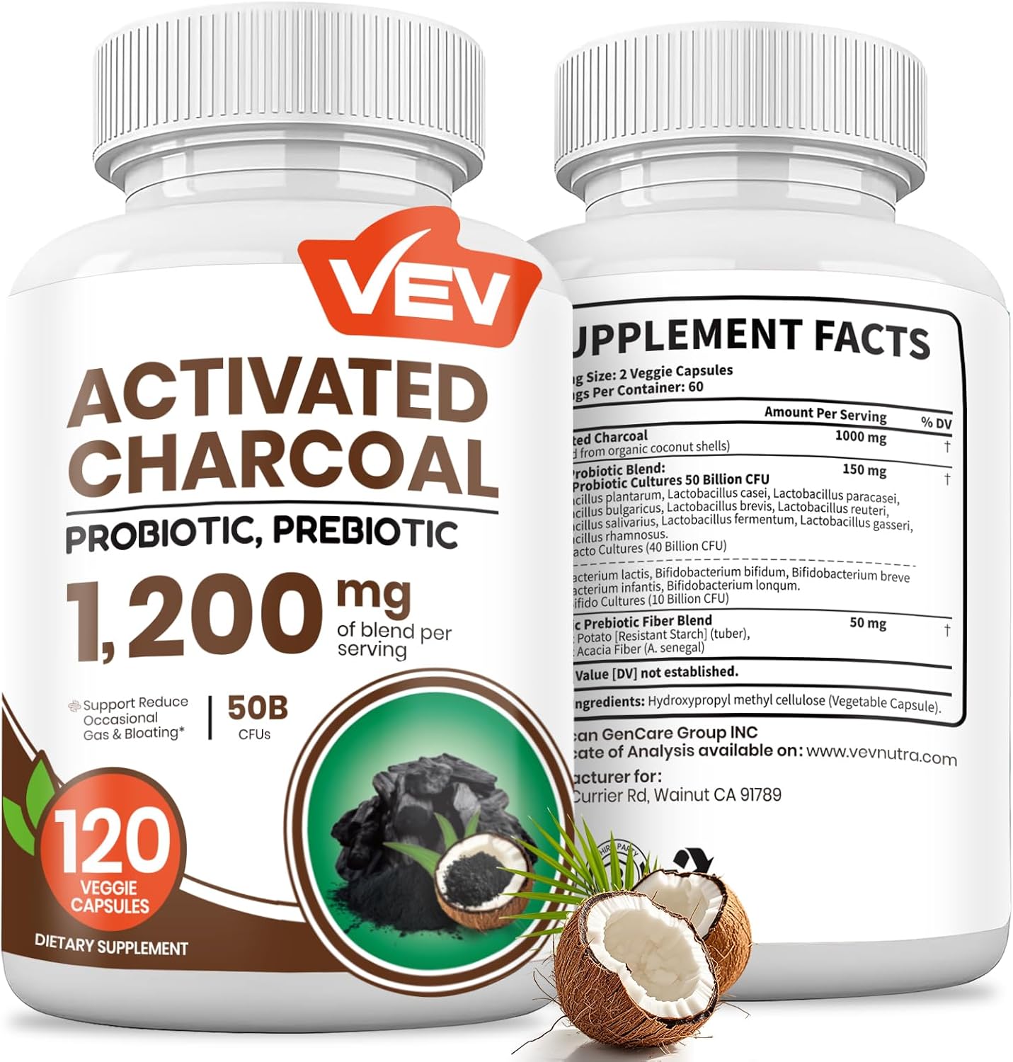VEV Activated Charcoal with Organic Coconut Shell Charcoal & 50 Billion Probiotics – 120 Vegan Capsules for Digestive Wellness & Dietary Support