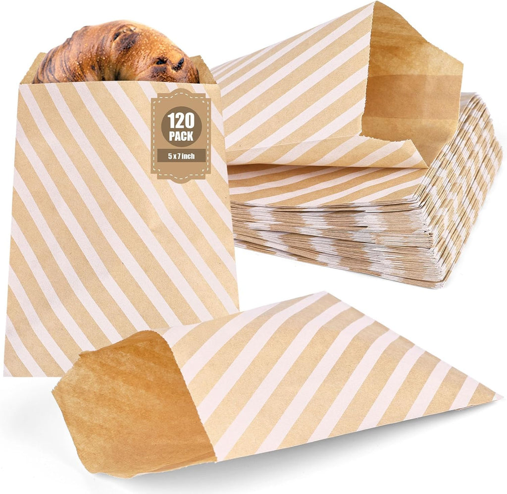 VGOODALL 120pcs Flat Paper Bags, 5x7 Inch Striped Snack & Treat Bags for Cookies, Popcorn & More
