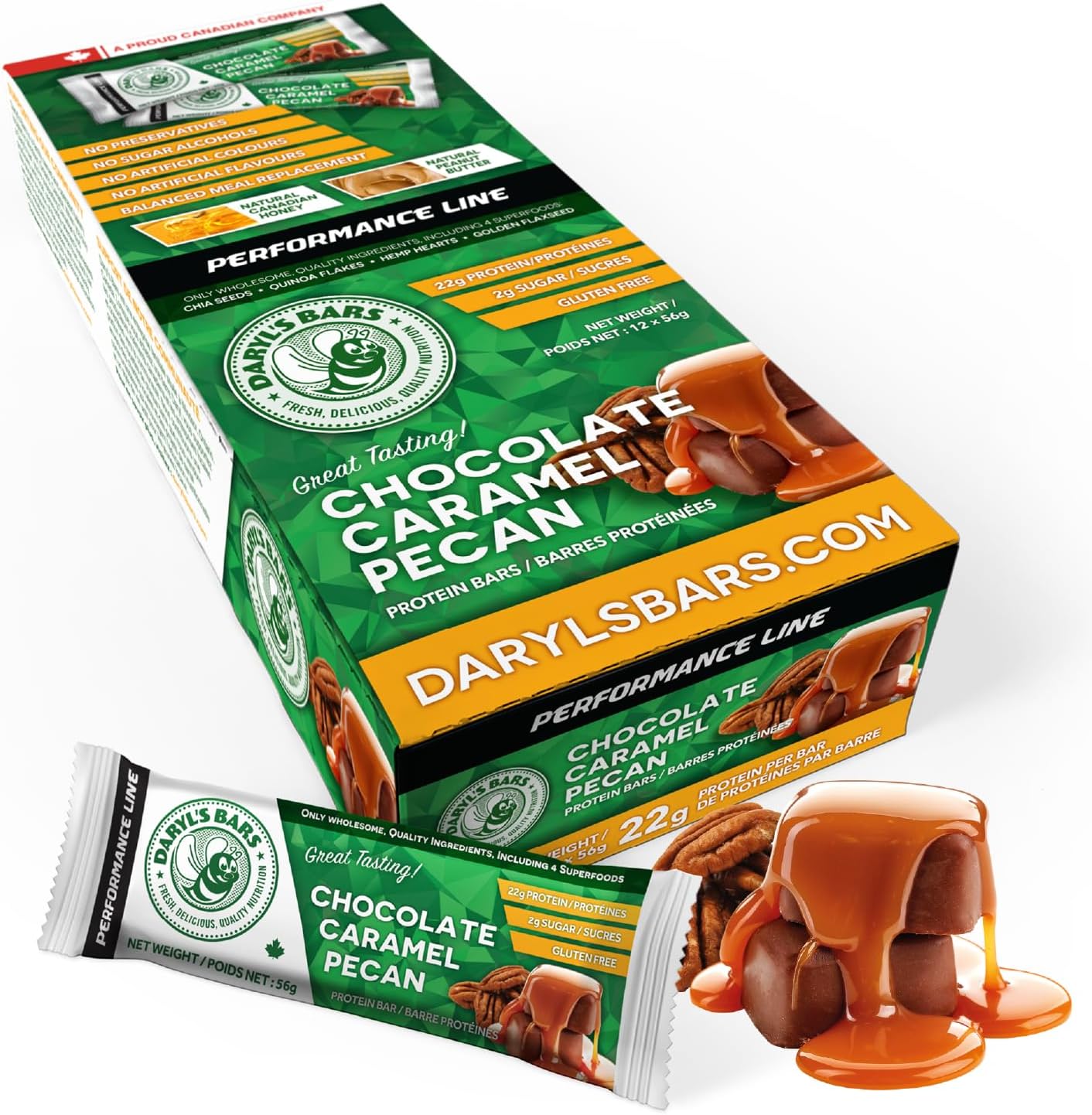 Daryl's Bars, Chocolate Caramel Pecan On the Go Whey Protein Bars, Gluten Free, Low Sugar, 22gr of Protein Snack, Meal Replacement, Pack of 1