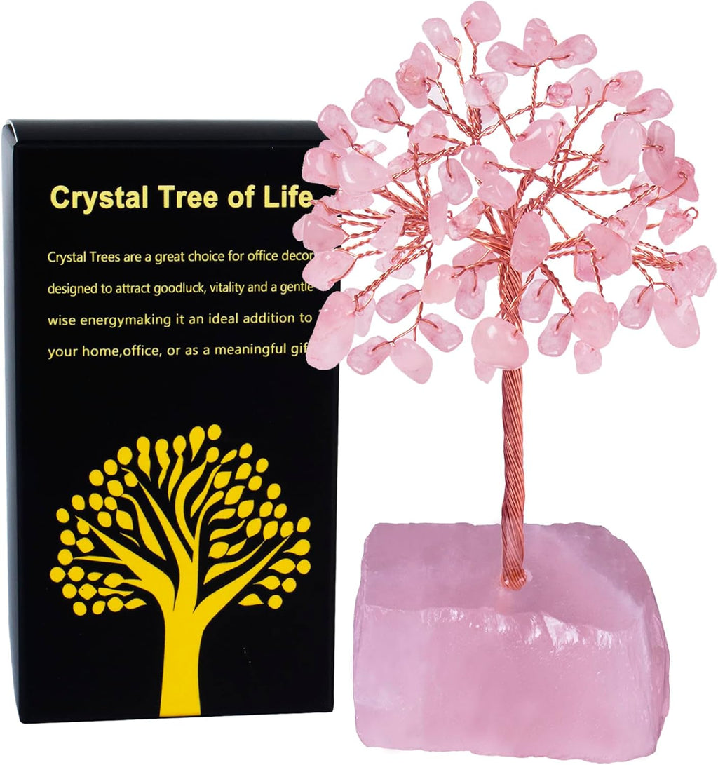 Rose Quartz Crystal Tree of Life,4 Inch Natural Healing Stones,Reiki Energy Money Tree, Handmade with Copper Wire,Feng Shui Spiritual Desk Decor for Office, Home, Meditation Gifts for Women