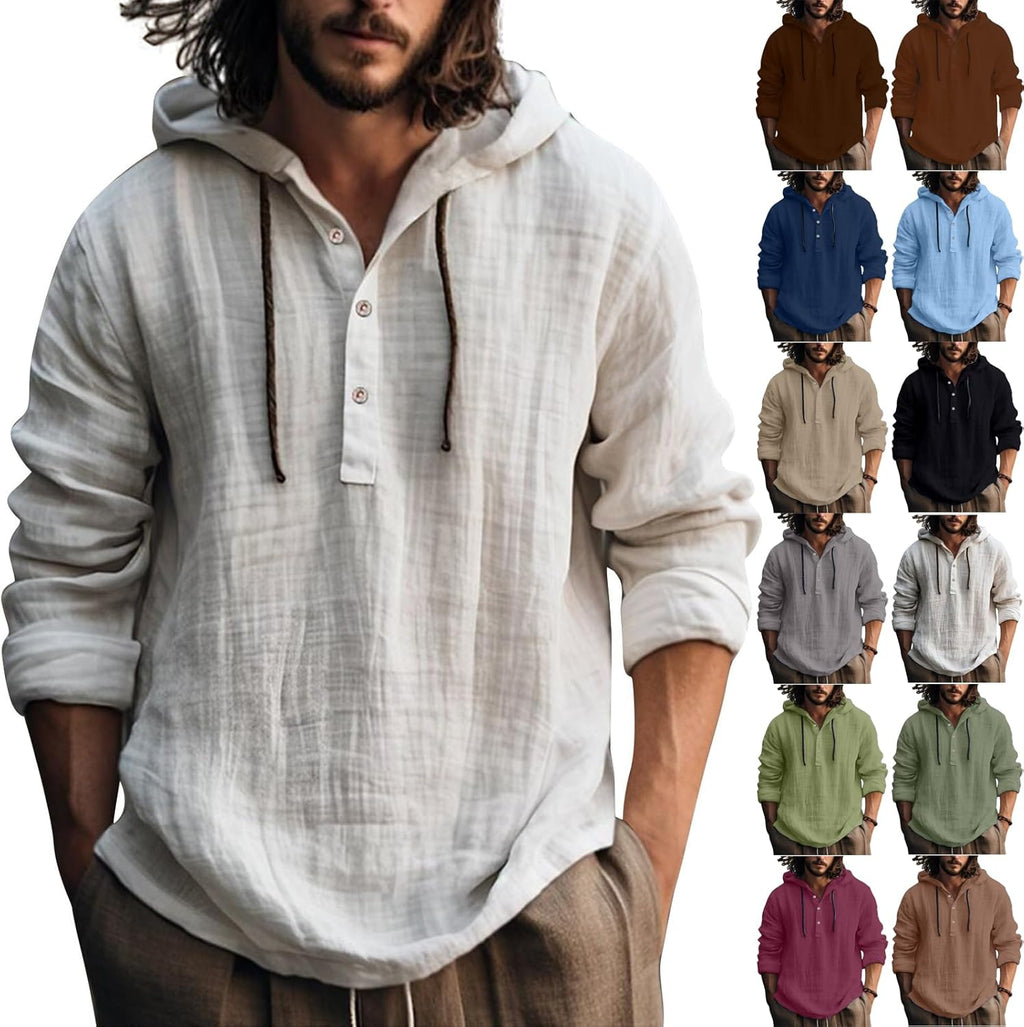 Mens Linen Shirts Quarter Button Down Long Sleeve Summer Hoodies Pullover Lightweight Casual Beach Shirts with Hood