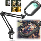 10X Magnifying Glass with Light, Rectangle Real Glass, 5 Color Modes Stepless Dimmable Magnifier with Stand, LED Lighted Clamp Desk Lamp with Swing Arm, Hands Free for Reading Crafts Close Work