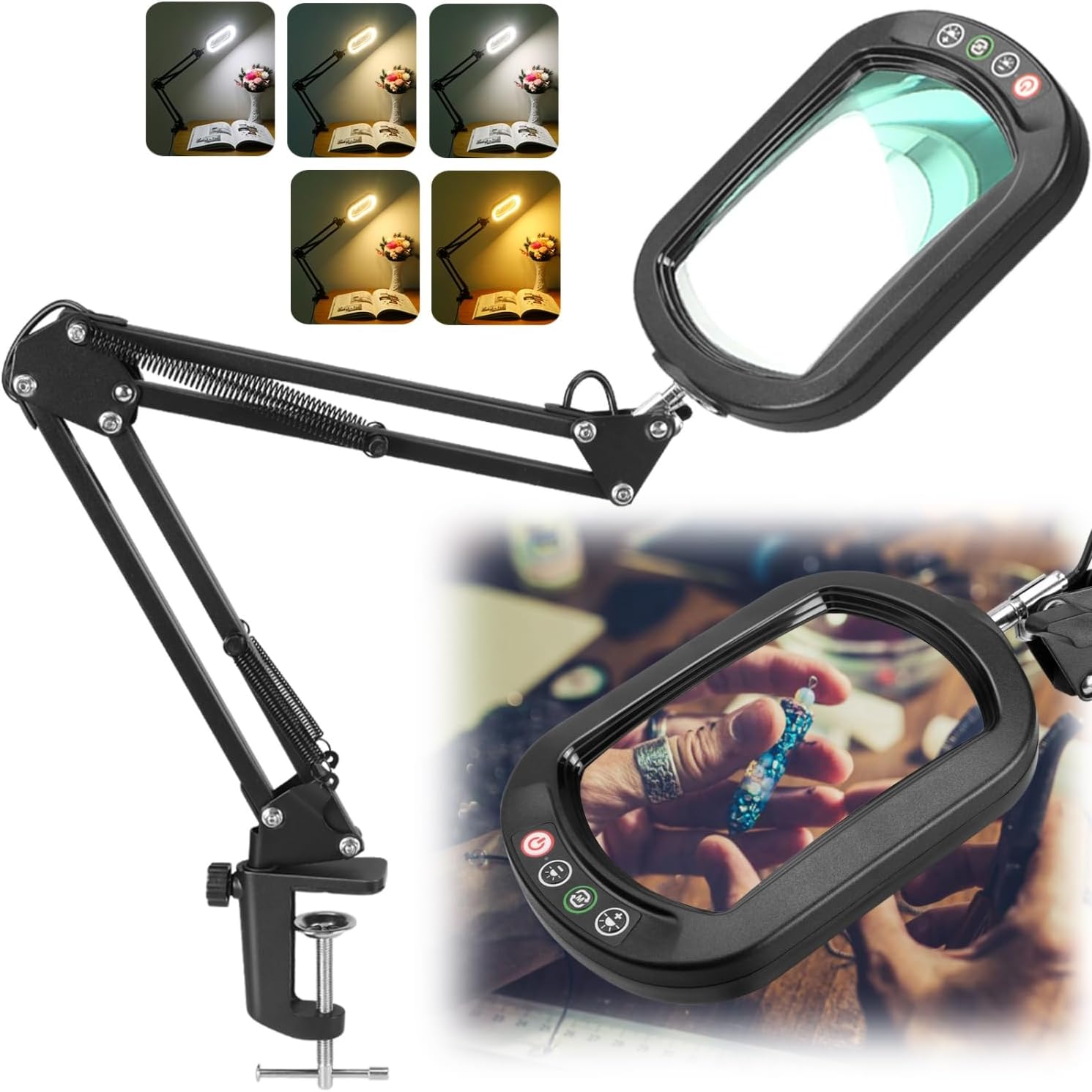 10X Magnifying Glass with Light, Rectangle Real Glass, 5 Color Modes Stepless Dimmable Magnifier with Stand, LED Lighted Clamp Desk Lamp with Swing Arm, Hands Free for Reading Crafts Close Work